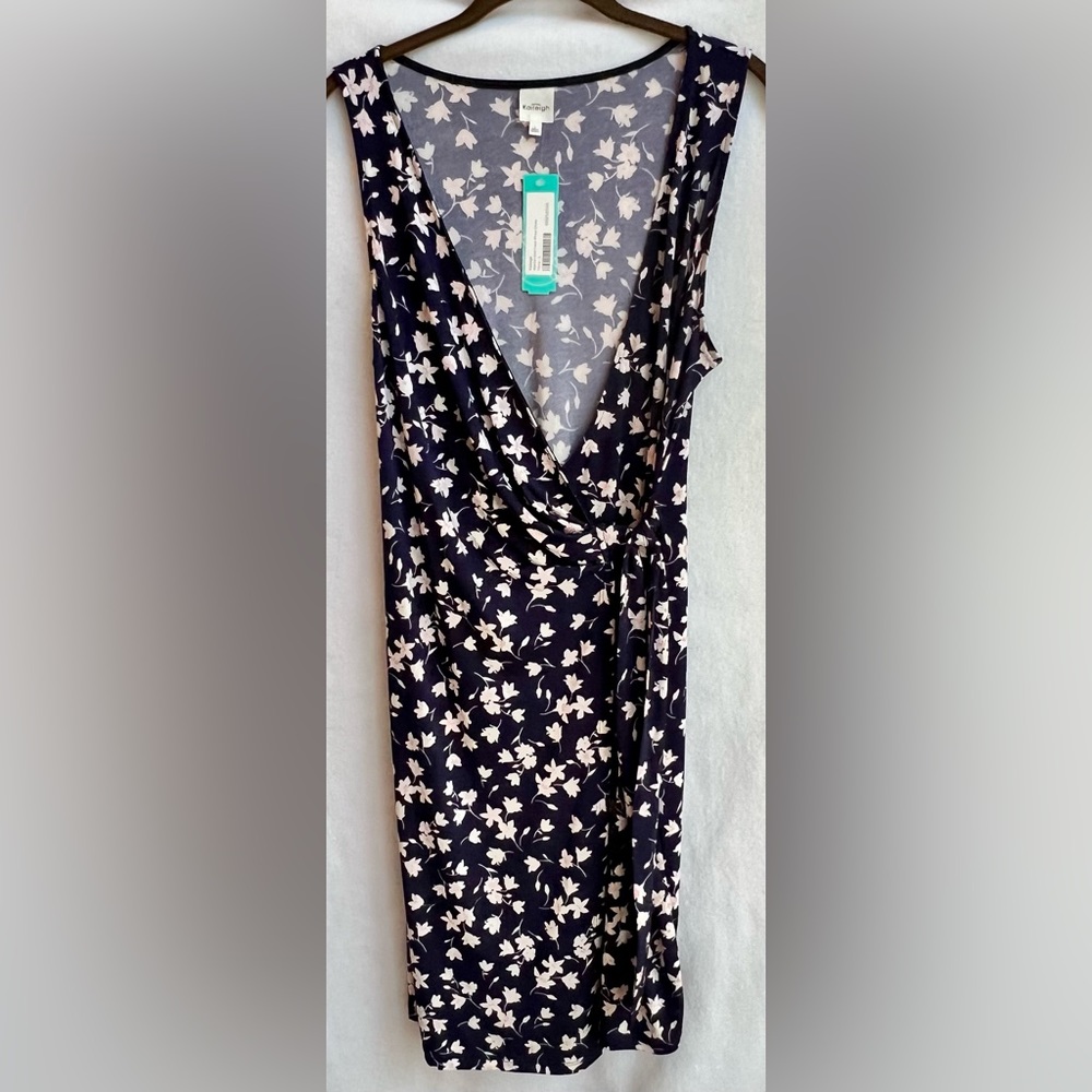 Kaileigh Marian Knit Faux Wrap Dress, navy with pink/white flowers, large, new